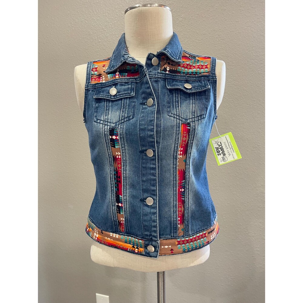 Small denim vest with tribal fabric inserts